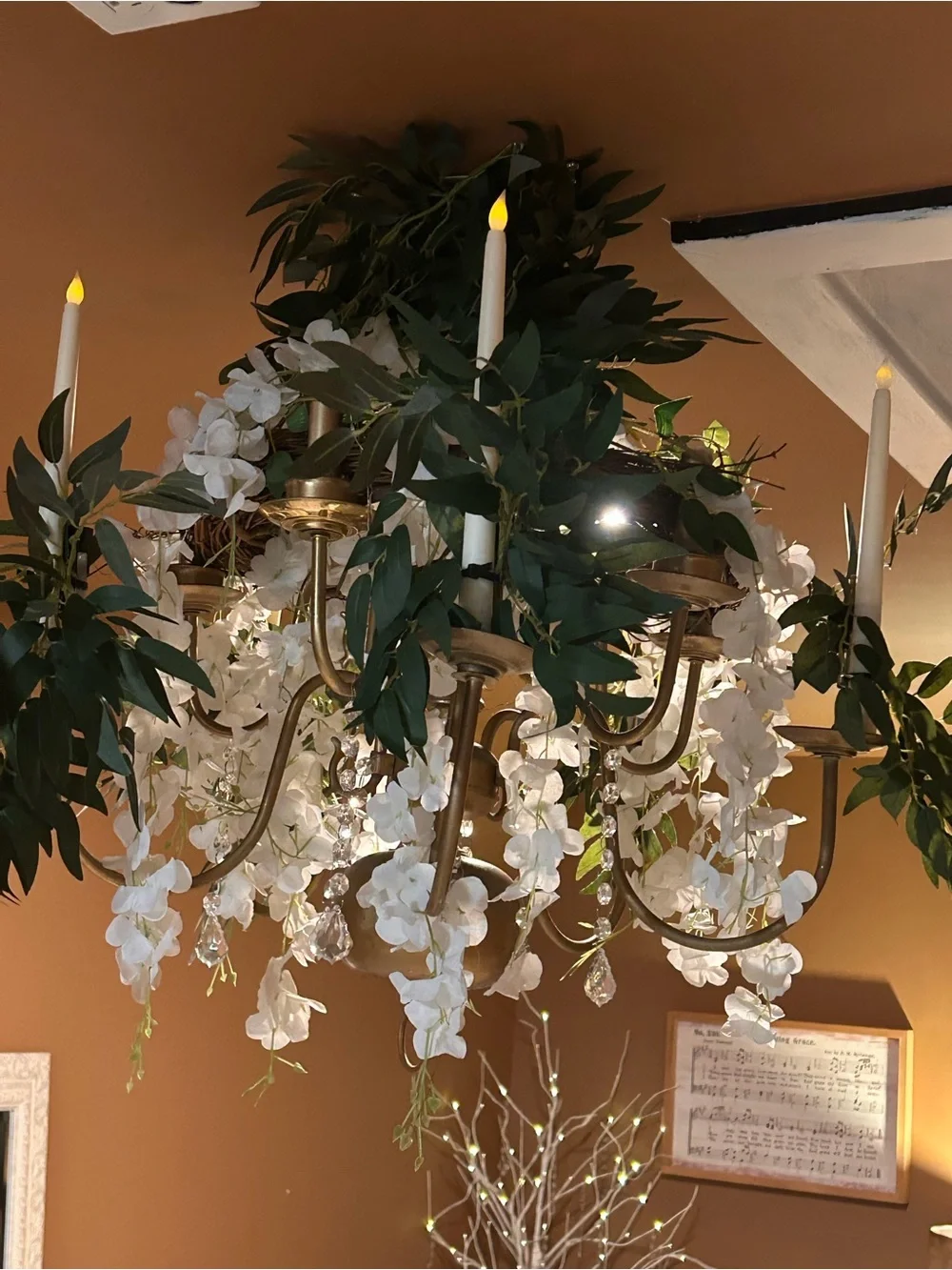 Gold Floral Chandelier with White Wisteria